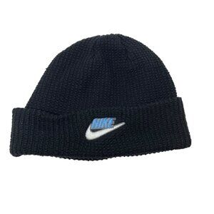 Nike Vintage Knit Beanie Hat Skull Cap Retro 90s Y2K Swoosh Logo Black Oversized
